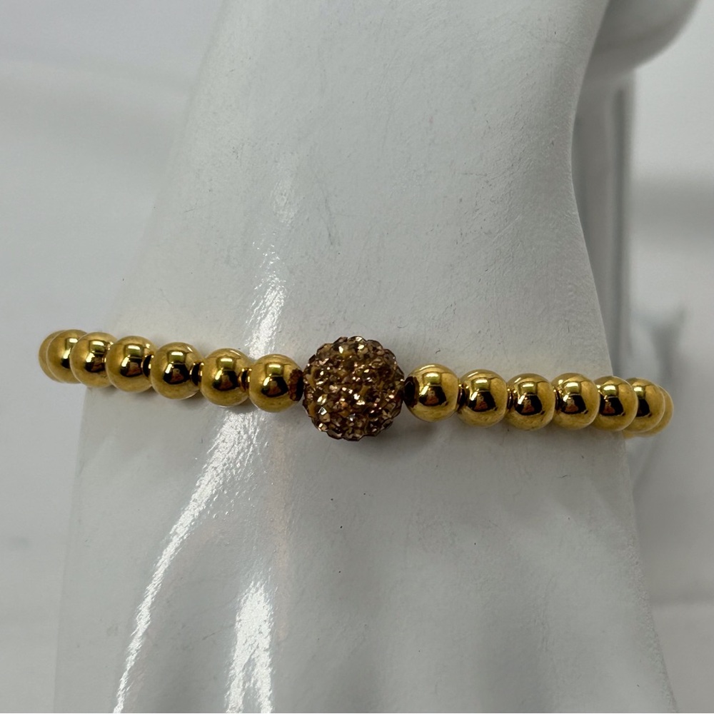 RC, Gold Beaded Bracelet With Gold Crystal Studded Focal Bead, Stretch